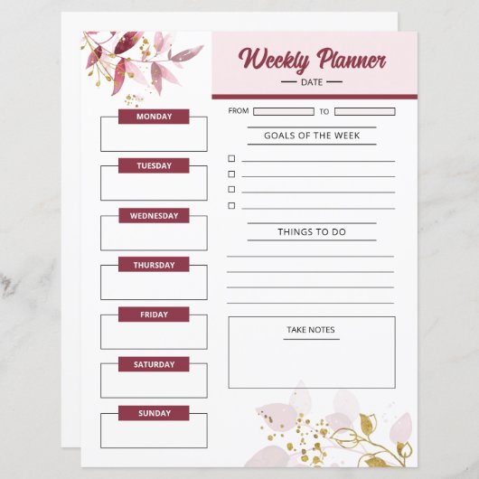 Afdrukbare weekplanner Sjabloon (Voorkant / Achterkant)