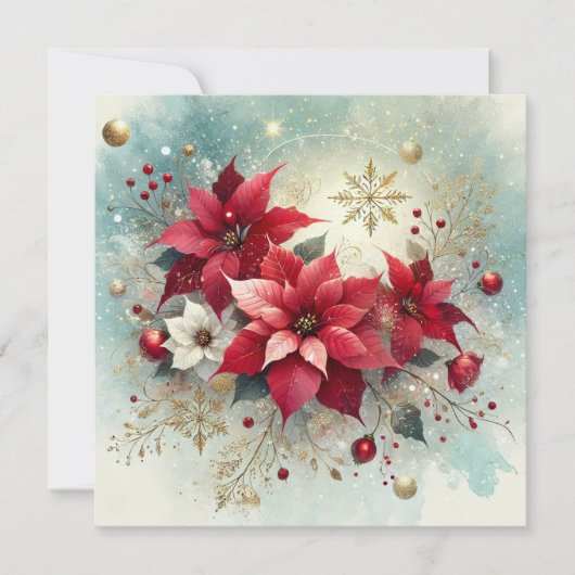 Afdrukbare Whimsical Besneeuwde Poinsettia Kerstmi Kaart (Voorkant)