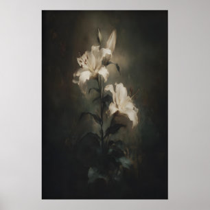 Afdrukbare witte leliebloem Donkere bloemige wandk Poster