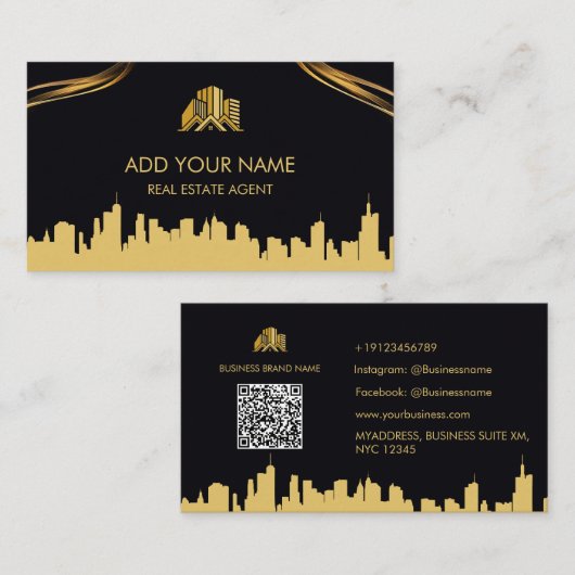 Afdrukken Black & Gold Real Agent Estate Visitekaa Visitekaartje (Voorkant / Achterkant)