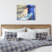 Afdrukken Canvas - Sparrow on Blue Fence (Insitu (Slaapkamer))