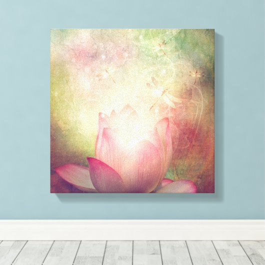 Afdrukken Lotus Flower en Dragonflies Canvas (Insitu (Houten vloer))