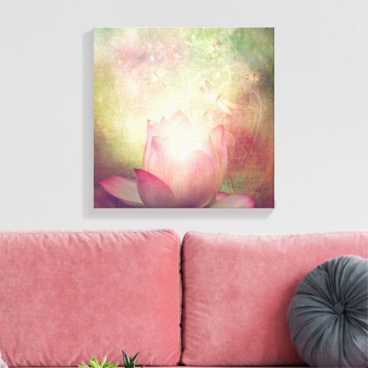 Afdrukken Lotus Flower en Dragonflies Canvas (Insitu (Woonkamer))