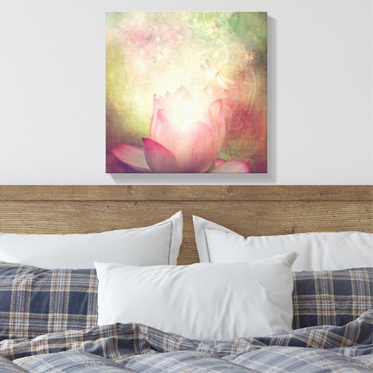 Afdrukken Lotus Flower en Dragonflies Canvas (Insitu (Slaapkamer))