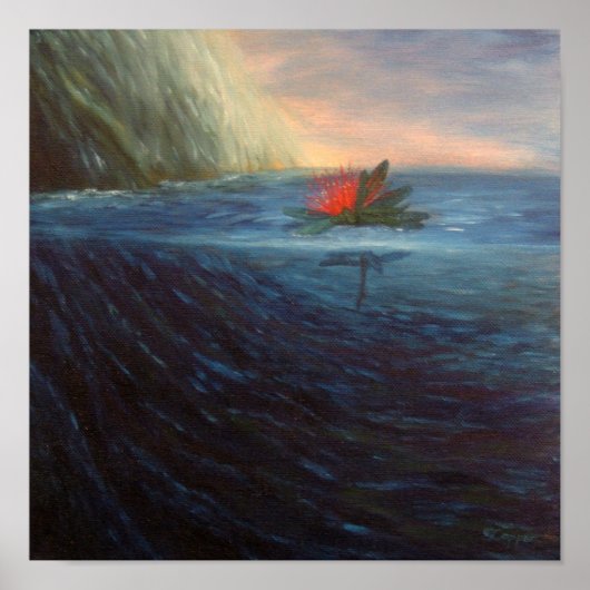 Afdrukken: Pohutukawa Red Flower in het blauwe Zee Poster (Voorkant)