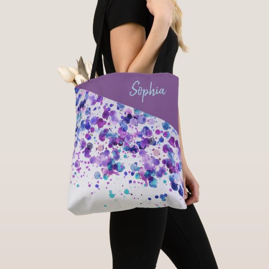 Afdrukken Turquoise en Lavender Paint Splatter Tote Bag (Dichtbij)