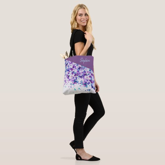 Afdrukken Turquoise en Lavender Paint Splatter Tote Bag (Op model)