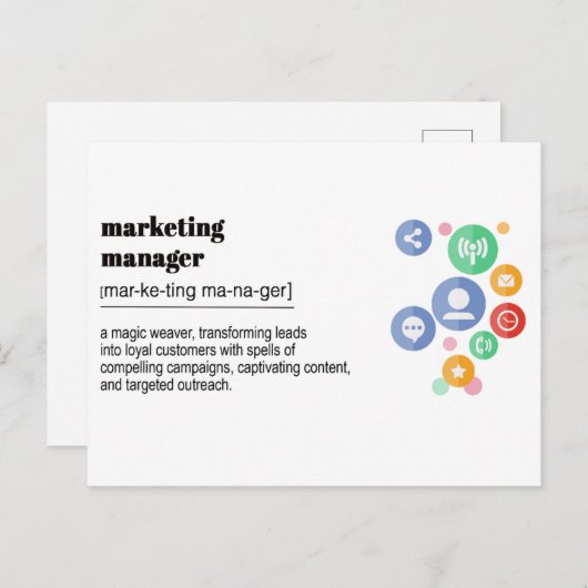 Afdrukken van definitie van marketingmanager briefkaart (Voorkant / Achterkant)