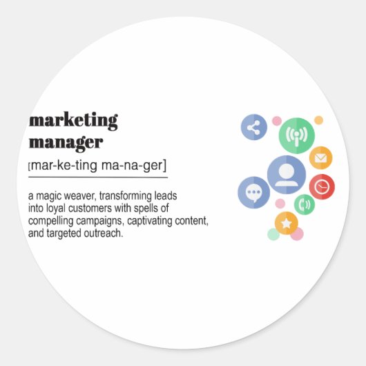 Afdrukken van definitie van marketingmanager ronde sticker (Voorkant)