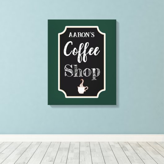 Afdrukken van gepersonaliseerd groen koffiewinkelw (Insitu (Houten vloer))