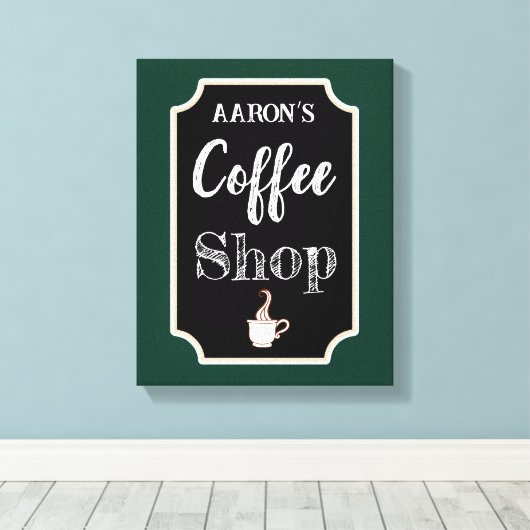 Afdrukken van gepersonaliseerd groen koffiewinkelw (Insitu (Houten vloer))