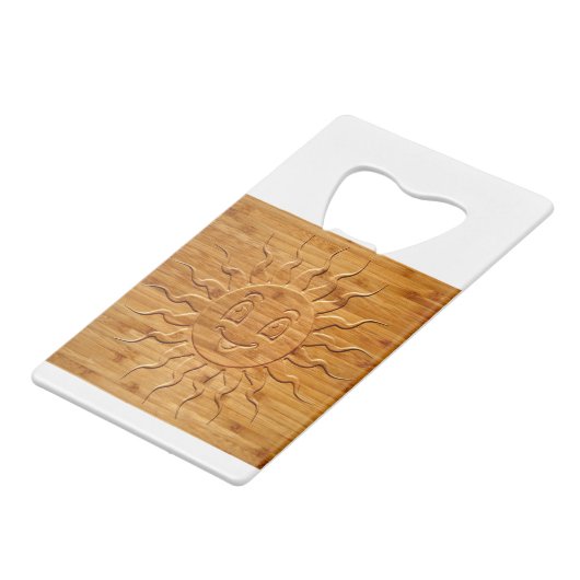 Afdrukken van glimlachende zonnezijde in hout creditkaart flessenopener (Achterkant Gekanteld)