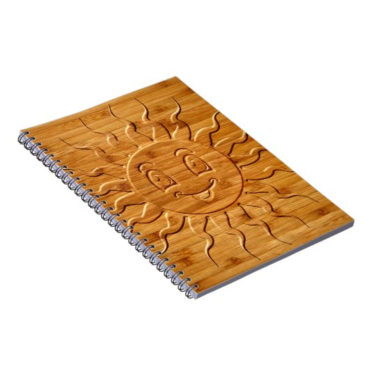 Afdrukken van glimlachende zonnezijde in hout notitieboek (Rechterzijde)