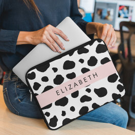 Afdrukken van koe, Koeien, zwart-wit, Jouw naam Laptop Sleeve