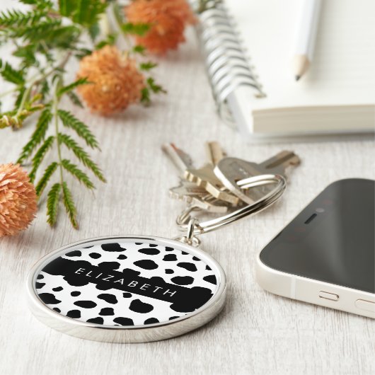 Afdrukken van koe, Koeien, zwart-wit, Jouw naam Sleutelhanger (Zijkant)