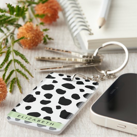 Afdrukken van koe, Koeien, zwart-wit, Jouw naam Sleutelhanger (Voorkant Rechts)
