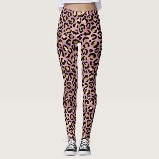 Afdrukken van roze en goudluipaarden leggings (Voorkant)