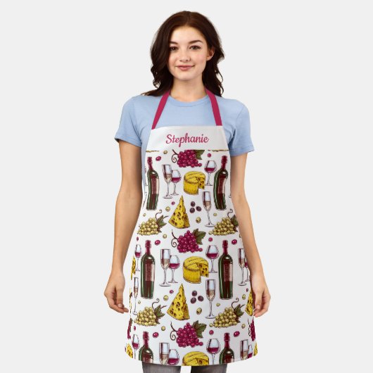 Afdrukken van wijn en kaas, aangepast tekstplatfor schort (Gedragen)