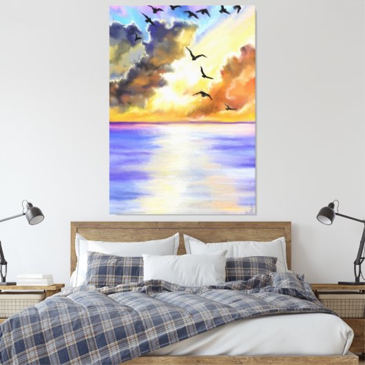 Afdrukken van zee Sunset Flying Birds Canvas - sch (Insitu (Slaapkamer))