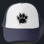 Afdrukken zwart verfplaat verfplaat verf trucker pet<br><div class="desc">De de stijlhondenpootdruk van de cartoon van de klap met verfspatten en onderdrukt effect dat op afbeelding wordt toegepast. Aangepaste vrachtwagenhoeden voor mannen en vrouwen. Cadeauidee voor hondenliefhebbers.</div>