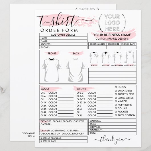 Afdrukkleding T-shirtsbestelformulier (Voorkant / Achterkant)