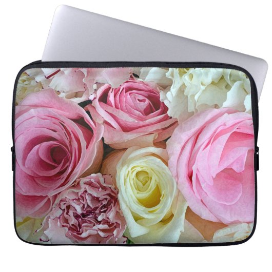 Afdruklaptophoes voor roze en witte rozen laptop sleeve (Voorkant)