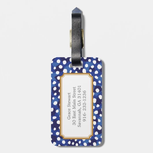 Afdrukmonogram afbeelding blauw en witte cheetah bagagelabel (Achterkant verticaal)