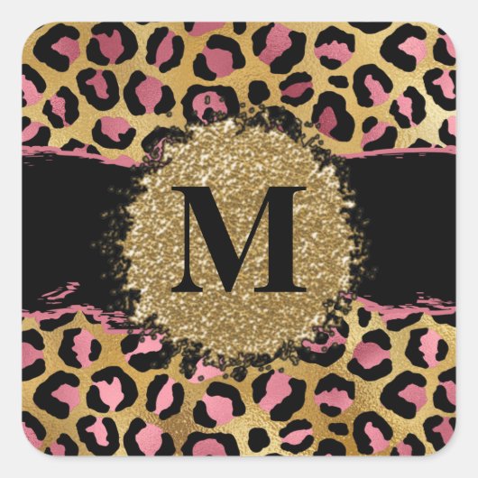 Afdrukmonogram roze en goudglitter vierkante sticker (Voorkant)
