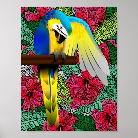 Afdrukontwerp van Parrot en Hibiscus Hawaiian Poster (Voorkant)