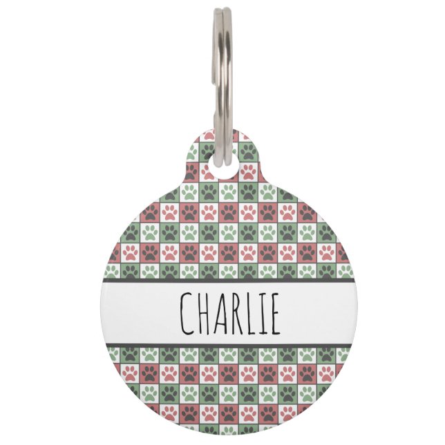 Afdrukpatroon rode en groene gecheckte dog huisdierpenning (Voorkant)