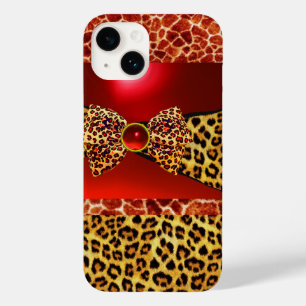AFDRUKTE GIRAFFE LEOPARD HUID BOW, RODE RUBY GEMST Case-Mate iPhone 14 HOESJE