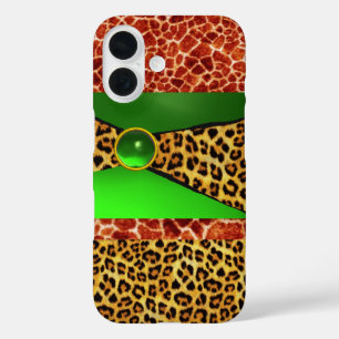 AFDRUKTE GIRAFFE LEOPARD HUID GREEN EMERALD GEM iPhone 16 HOESJE