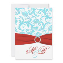 AFDRUKTE RIBBON Aqua Red White Damask Invite