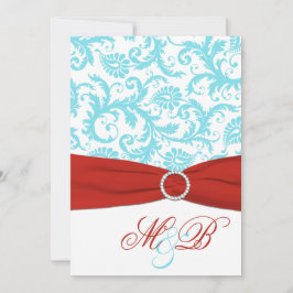 AFDRUKTE RIBBON Aqua Red White Damask Invite Kaart