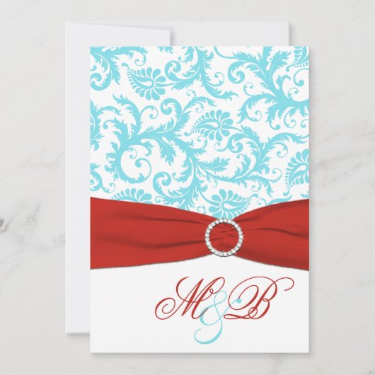 AFDRUKTE RIBBON Aqua Red White Damask Invite Kaart (Voorkant)