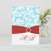 AFDRUKTE RIBBON Aqua Red White Damask Invite Kaart (Staand voorkant)