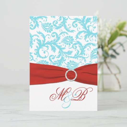 AFDRUKTE RIBBON Aqua Red White Damask Invite Kaart (Staand voorkant)
