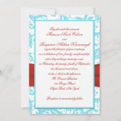 AFDRUKTE RIBBON Aqua Red White Damask Invite Kaart (Achterkant)