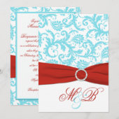 AFDRUKTE RIBBON Aqua Red White Damask Invite Kaart (Voorkant / Achterkant)