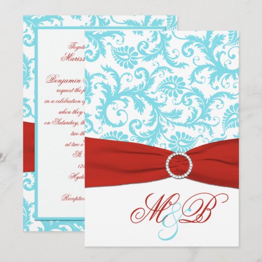 AFDRUKTE RIBBON Aqua Red White Damask Invite Kaart (Voorkant / Achterkant)