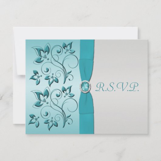 AFDRUKTE RIBBON Aqua, Silver Reply Card RSVP Kaartje (Voorkant)