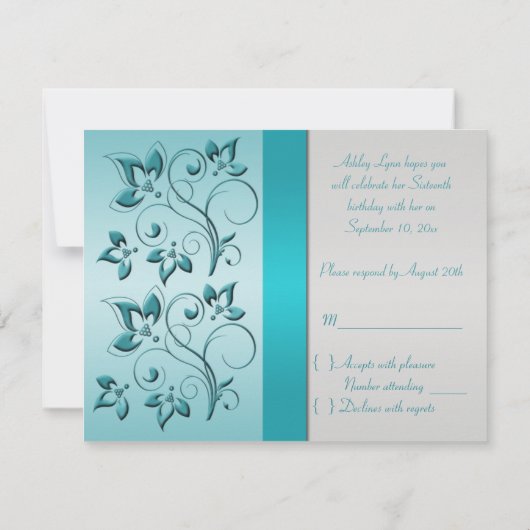 AFDRUKTE RIBBON Aqua, Silver Reply Card RSVP Kaartje (Achterkant)