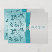 AFDRUKTE RIBBON Aqua, Silver Reply Card RSVP Kaartje (Voorkant / Achterkant)