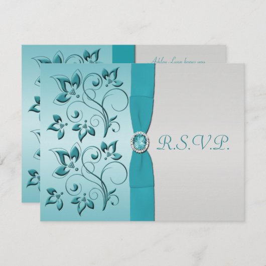 AFDRUKTE RIBBON Aqua, Silver Reply Card RSVP Kaartje (Voorkant / Achterkant)