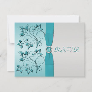 AFDRUKTE RIBBON Aqua, Silver Reply Card RSVP Kaartje