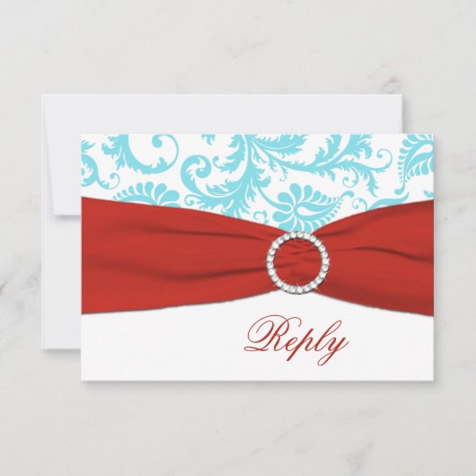 AFDRUKTE RIBBON Aqua, White, Red Damask RSVP-kaart RSVP Kaartje (Voorkant)