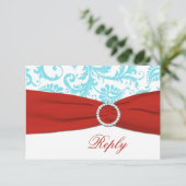 AFDRUKTE RIBBON Aqua, White, Red Damask RSVP-kaart RSVP Kaartje (Staand voorkant)