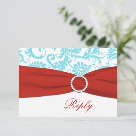AFDRUKTE RIBBON Aqua, White, Red Damask RSVP-kaart RSVP Kaartje (Staand voorkant)
