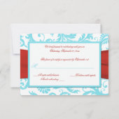 AFDRUKTE RIBBON Aqua, White, Red Damask RSVP-kaart RSVP Kaartje (Achterkant)