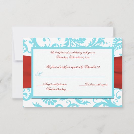 AFDRUKTE RIBBON Aqua, White, Red Damask RSVP-kaart RSVP Kaartje (Achterkant)